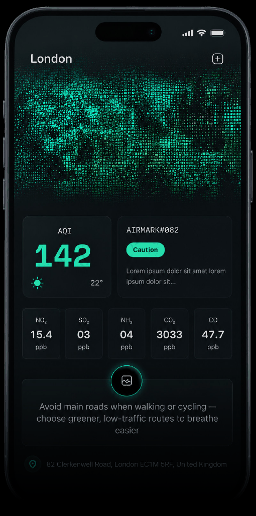 Breayz mobile app showing a London air-quality index of 142.