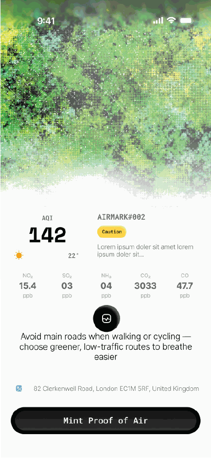 Breayz app: a user profile with air-quality index 142.