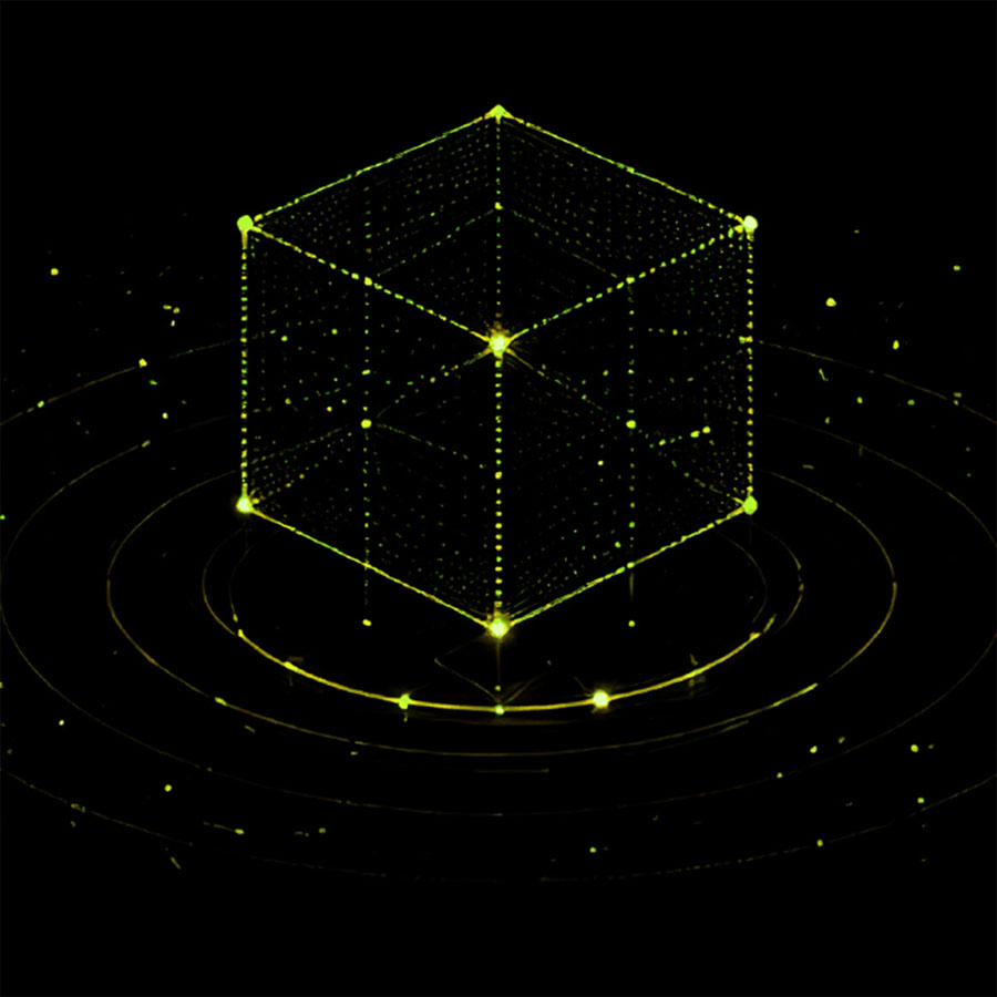 Wireframe cube above orbital rings representing Web3 infrastructure.