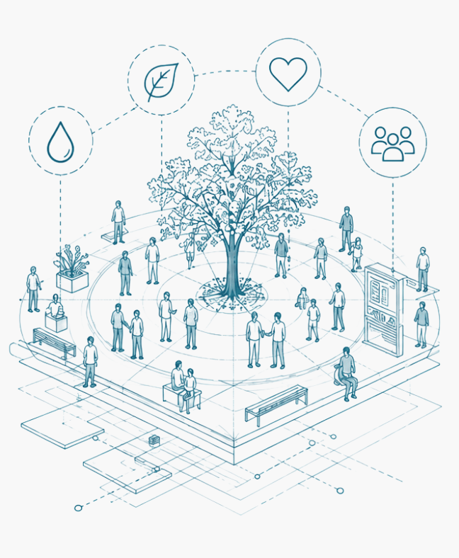 Isometric line drawing of a community gathered around a tree with environmental and participation icons.
