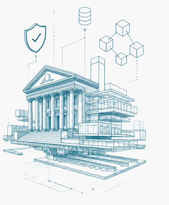 Isometric line drawing of a classical institution building layered with data and blockchain motifs.